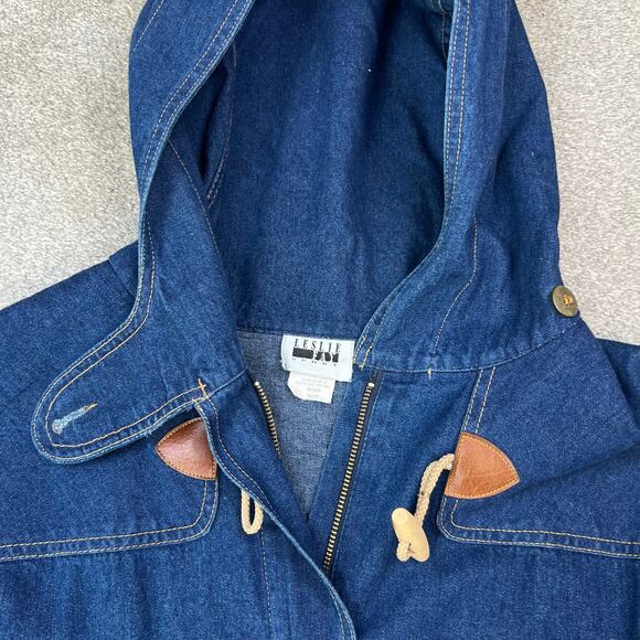 Vintage 80's Retro Leslie Fay Toggle Denim Hooded Chore Coat Barn Jacket (Sz M) - Picture 15 of 16